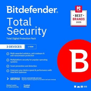 Bitdefender Total Security - 3 Devices | 1 year Subscription with Auto-Renewal | PC/Mac | Activation Code by email