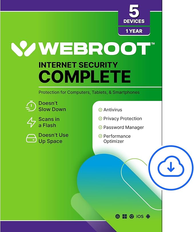 Webroot Internet Security Complete | Antivirus Software 2025 | 5 Device | 1 Year Download