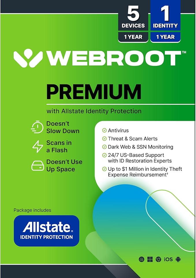 Webroot Premium 2025 with Allstate Identity Protection | 5 Device, 1 Year | Antivirus and Internet Security Software, Advanced Dark Web Monitoring, Password Manager | Packaged Version| 1 Year Download